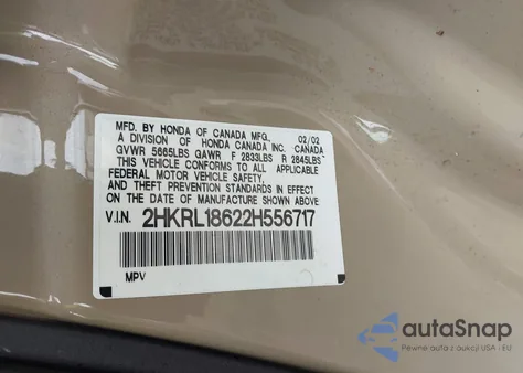 2002 Honda Odyssey Ex from USA, damaged, VIN 2HKRL18622H556717